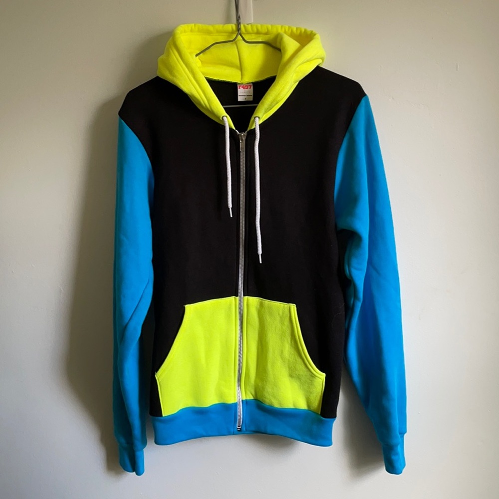 American apparel colour block hoodie sz small neon yellow blue unisex
